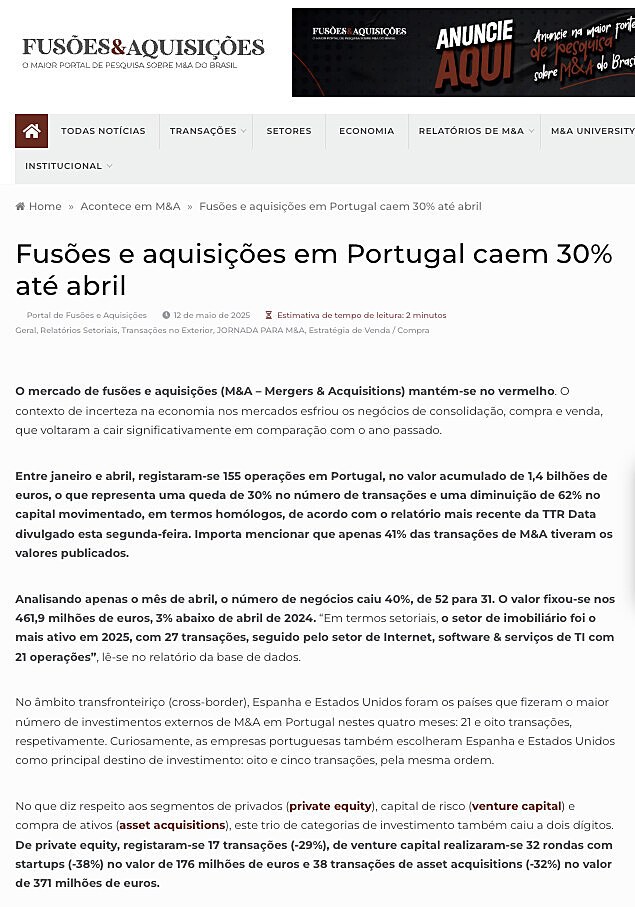 Fuses e aquisies em Portugal caem 30% at abril
